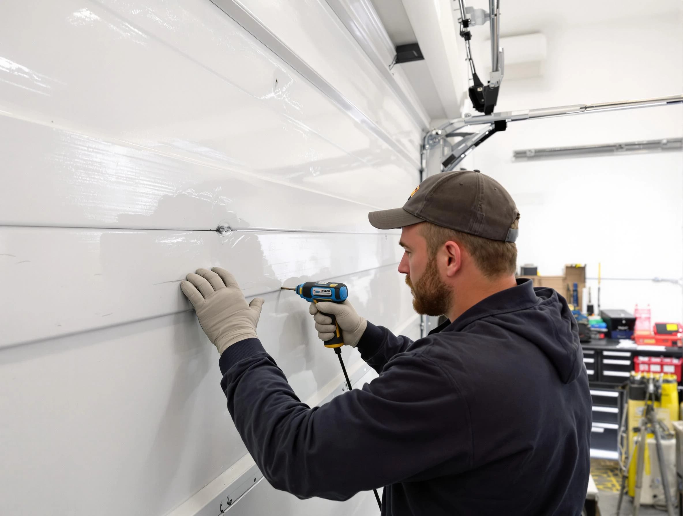 Mapleton Garage Door Repair technician demonstrating precision dent removal techniques on a Mapleton garage door