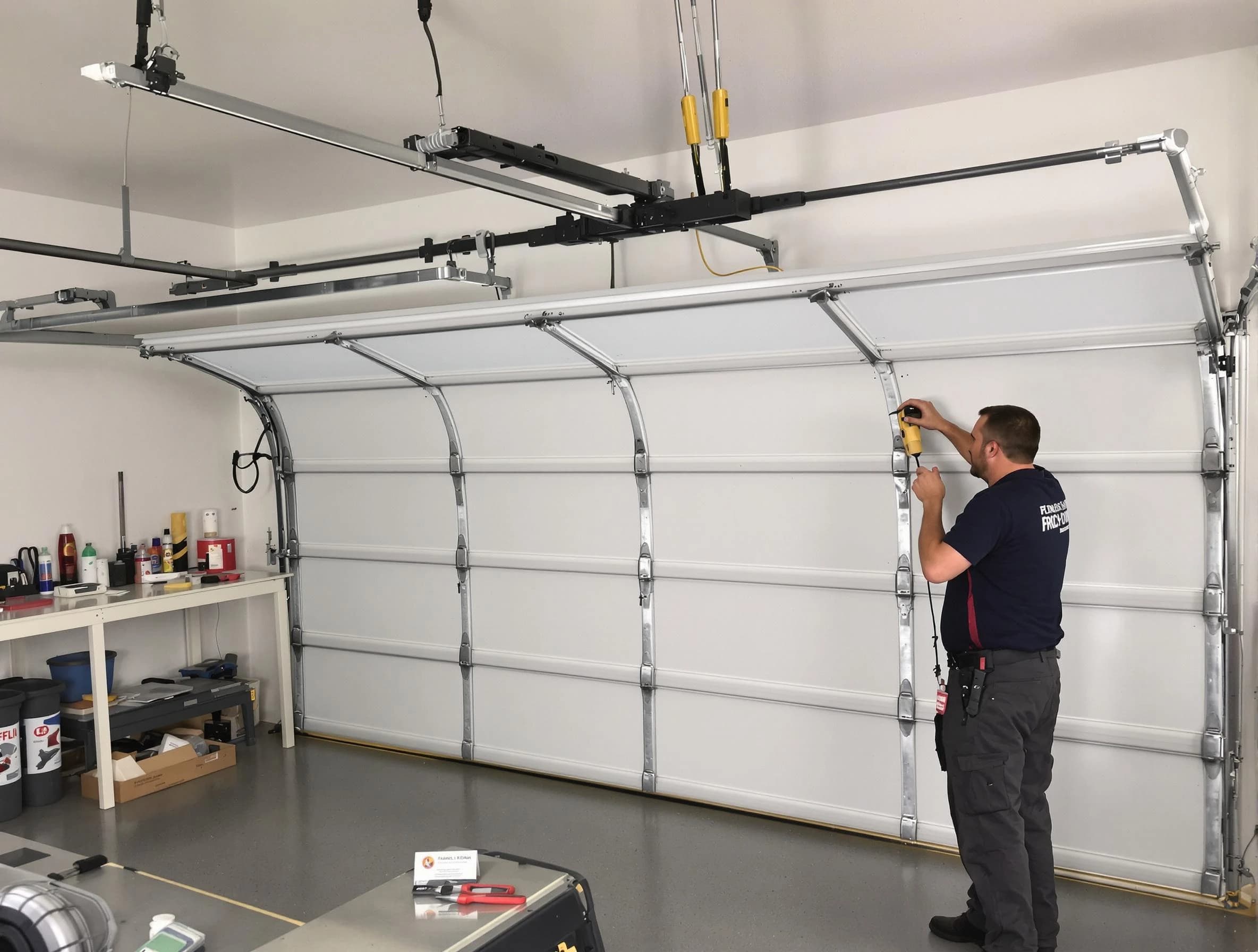 Mapleton Garage Door Repair certified technician performing overhead door system repair in Mapleton